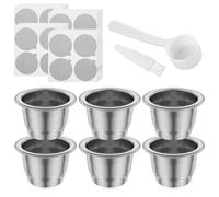 Lot de 6 capsules à café réutilisables en acier inoxydable - 37 x 24 mm - Facile à utiliser avec brosse - Filtre de rechange rechargeable avec cuillère - Capsules à expresso pour Nes.presso Essen.za
