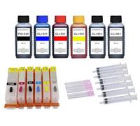 Lot de 6 cartouches d'encre rechargeables compatibles avec Canon PGI-530 + CLI-531 + 6 x 100 ml d'encre de recharge pour Pixma TS8500, TS8550, TS8551, TS8552, TS8700, TS8750, TS8751