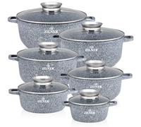 Lot de 6 Casseroles à Induction Avec Couvercles en Verre | Fonte d'Aluminium | Ø 16, 20, 22, 24, 28 cm | Sans PFOA et PFOS | Revêtement Antiadhésif en Granit Gris