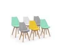 IDMarket - Lot de 6 chaises scandinaves SARA Mix Color Pastel Jaune, Blanc, Gris Clair x2, Vert mentholé x2