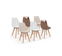 IDMarket – Lot de 6 chaises scandinaves SARA en velours patchwork marron et beige, bois non pliable