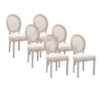 Lot de 6 chaises - Cannage, tissu et bois d'hévéa - Beige - ANTOINETTE