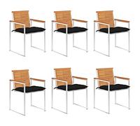 Lot de 6 chaises de jardin avec coussins noirs, en bois d'acacia massif, finition à l'huile, aspect teck, empilables, résistantes aux intempéries et à la rouille, idéales pour le jardin, la terrasse
