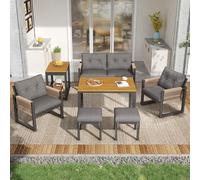 Lot de 6 chaises de jardin avec table, corde tissée, salon de jardin d'extérieur avec 1 canapé 2 places, 2 fauteuils simples, 2 tabourets et 1 table amovible, pour jardin, terrasse et balcon, gris