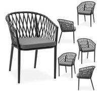 Lot de 6 chaises de jardin d'extérieur SUNNY en aluminium noir et gris, chaises empilables avec coussin en tissu G