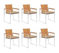 Lot de 6 chaises de jardin en bois massif d'acacia aspect teck avec coussins beiges, empilables et résistants aux intempéries, meubles d'extérieur robustes pour jardin et terrasse, salon de salle à