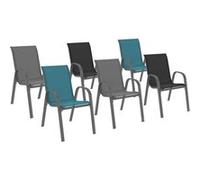IDMarket - Chaises de jardin LYMA - Lot de 6 métal et textilène empilables gris, noir et bleu