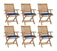 Lot de 6 chaises de jardin pliantes en bois massif de teck avec coussin bleu roi, résistant aux intempéries et peu encombrant, pour terrasse, balcon et jardin