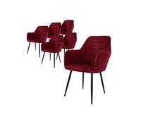 Lot de 6 Chaises de Salle à Manger Cuisine Salon Séjour Bordeaux Assise Siège Rembourrée en Velours Structure en Métal Fauteuil Rétro avec Accoudoirs
