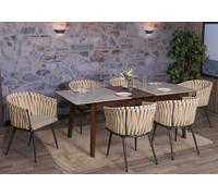 Lot de 6 chaises de salle à manger en aluminium HWC-N38, chaise d'intérieur avec accoudoirs, corde tressée en oléfine crème Coussin marron clair