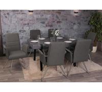 lot de 6 chaises de salle à manger HWC-G55, chaise de cuisine avec accoudoirs, tissu/textile inox brossé ~ gris-brun