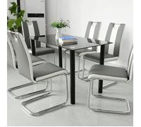 Lot de 6 Chaises de Salle à Manger - Marque - Style Moderne - Simili Gris avec Bandes Blanches - Pieds Chromés