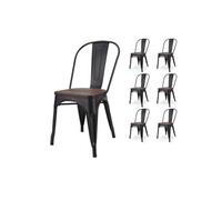 - Lot de 6 chaises en métal noir mat style industriel avec assise en bois massif foncé