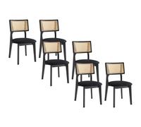 Lot de 6 chaises en velours, effet rotin et bois d'hévéa - Noir - CALENYA