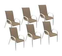 Happy Garden – Lot de 6 chaises Marbella – Textilène taupe, aluminium blanc, empilable