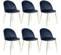 MEYRIN - Lot de 6 Chaises Velours Bleu et Pieds Métal Doré -