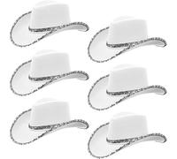 Lot de 6 Chapeau de Cowboy Femme Chapeau Western Homme Jazz avec bordure à paillettes argentées pour Shérif, Far West, déguisement, costume, carnaval, fête à thème, Wide Brim Hat with Drawstring