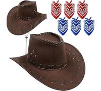 Lot de 6 chapeaux de cowboy avec bandana, chapeau western en gros avec cordon de serrage ajustable, ensemble de chapeaux en feutre à large bord pour hommes et femmes, déguisement, fête, cosplay
