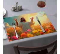 Lot de 6 chemins de table Jésus debout dans un champ de fleurs, bras levés vers le ciel, sets de table fraises
