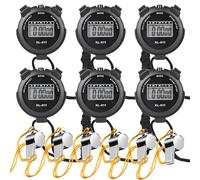 Lot de 6 chronomètres numériques de sport Étanche Réveil Calendrier Sifflets inclus Noir