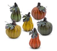 Lot de 6 citrouilles décoratives en grès coloré lasuré pour l'extérieur et l'intérieur - Décoration d'automne en argile à poser - 8 cm et 10 cm - Automne, Halloween, Noël, récolte grâce à la