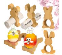 Lot De 6 Coquetiers Oeuf en Bois de Lapin - Décoration de Table Amusante pour Pâques - Support pour Œufs De Pâques - Ronds de Serviette en Bois - Parfait pour le Brunch Et le Petit Déjeuner