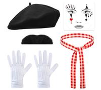 Lot de 6 costumes de mime pantomime pour homme, le kit de costume comprend une maternité basque noire, une écharpe rouge, des gants blancs, des tatouages pour le visage et une moustache noire, des
