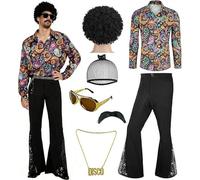 Lot de 6 costumes disco des années 70 pour homme, comprenant une chemise rétro, un pantalon pour homme, une perruque, des lunettes de soleil, un collier, une barbe pour fête discothèque, carnaval