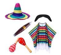 Lot de 6 costumes mexicains pour homme poncho sombrero moustache faux cigare et lunettes de soleil Accessoires Jeté Mexicain Carnaval Fête à thème