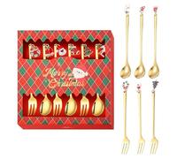 Lot de 6 couverts de Noël avec cuillère et fourchette à café, cuillères à thé, fourchettes à gâteau, crème glacée, dessert, cuillères à café, crackers de Noël pour décorations de fête (rouge doré)