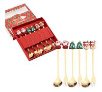 Lot de 6 couverts de Noël,Ensemble de couverts de Noël,Couverts en Acier Inoxydable Dorés 6 Pièces,Set Couverts de Table de Noël,Set de cuillères et fourchettes de Noël pour café Thé Dessert (Rouge)