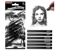 Lot de 6 crayons à charbon comprimés carrés pour artistes - Doux/moyen/dur (2 de chaque) - Bâtons professionnels pour croquis et ombrage pour dessin, art au fusain, loisirs créatifs - Idéal pour les