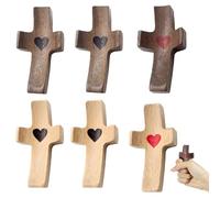 Lot de 6 croix agréables au toucher, en bois sculpté à la main, avec cœur, compactes et portables, idéales pour les fêtes, les prières religieuses, les baptêmes, les églises, les cadeaux