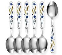 Lot de 6 cuillères à dessert SUS304 de qualité supérieure en acier inoxydable 18-10 poli miroir avec poignée en céramique peinte à la main en forme de fleur bleue de blé - 16,5 cm