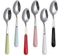 Lot de 6 cuillères à pamplemousse avec bords dentelés ronds, cuillère dentelée en acier inoxydable avec poignée en céramique multicolore, kiwi, pomme, agrumes, cuillères à dessert