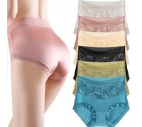 Lot de 6 culottes sexy en soie glacée sans couture pour contrôle du ventre et des hanches, taille haute en dentelle, culotte absorbant l'humidité en satin de qualité supérieure (6 pièces,XL(60-70kg))