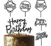 Lot de 6 décorations de gâteau d'anniversaire en acrylique noir brillant double face avec inscription « Happy Birthday » - Décoration de gâteau d'anniversaire - Fournitures pour garçon cool