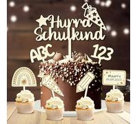 Lot de 6 décorations de gâteau pour la rentrée des classes - En bois - Hurra - Pour la rentrée scolaire - ABC 123 - Cadeau de rentrée des classes - Cadeau pour garçon et fille