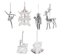 Lot de 6 décorations de Noël en acrylique transparent avec ange, cloche, cheval à bascule, train, huatoubing et danseur - Décorations incassables à suspendre pour sapin de Noël
