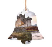 Lot de 6 décorations de Noël en bois en forme de cloche, château près du lac, décorations à suspendre pour sapin de Noël, étiquettes de vœux de Noël rustiques à suspendre pour décoration de la maison