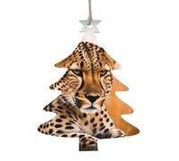 Lot de 6 décorations de Noël en bois en forme de sapin de Noël, guépard attendant une opportunité, décorations de Noël rustiques à suspendre pour décoration de Noël