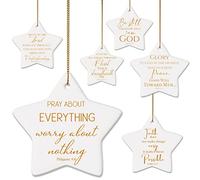 Lot de 6 décorations de sapin de Noël chrétien en céramique en forme d'étoile - Versets religieux plats de la Bible - Citations inspirantes - Décoration souvenir de Noël à suspendre pour appréciation