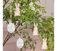 Lot de 6 Décorations en Bois à Suspendre Lapins et Œufs de Pâques