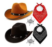 Lot de 6 déguisements de cowboy - Chapeaux de cowboy brodés d'étoiles noires et marron avec bandanas rouges et noirs et 2 badges de shérif - Kit de costume western pour fêtes, enterrement de vie de