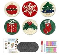 Lot de 6 dessous de verre à motif de Noël avec aiguilles à poinçonner, facile pour les débutants, pour soulager le stress, avec fil et motifs, support de dessous de verre, fournitures d'artisanat pour