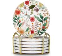 Lot de 6 Dessous de Verre absorbants en céramique avec Support - Motif Floral Mignon - Décoration de Table Basse - Cadeau Unique - Vintage - pour l'extérieur - Moderne - Cool - Motif Floral