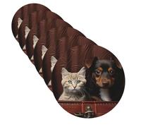 Lot de 6 dessous de verre antidérapants en cuir avec motif chat et chien assis dans une poche en cuir - Tapis de tasse à café personnalisé - Protection de table - Cadeau de pendaison de crémaillère