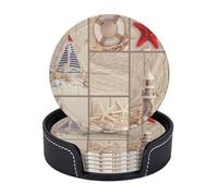 Lot de 6 dessous de verre avec motif bateau, plage, étoiles de mer, coquillages, tasses à café, tasses, dessus de table, décoration de maison, bureau, salle à manger, facile à nettoyer