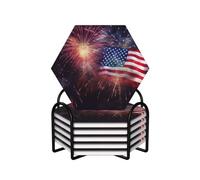 Lot de 6 dessous de verre avec support - Dessous de verre amusant - Motif drapeau américain - 4 juillet - Dessous de verre absorbants en céramique pour bar et bière - Pour protection de table