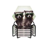 Lot de 6 dessous de verre avec support - Dessous de verre drôles en céramique - Motif raton laveur vert - Pour boissons - Pour la protection de table